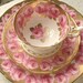 Antique pink roses tea cup trio, vintage Royal Chelsea pink and gold tea cup saucer plate set, English tea set, bone china tea cup set