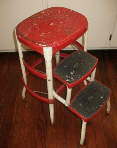 Vintage Cosco Stool Seat Bar Stool Folding Steps Red & White 50's