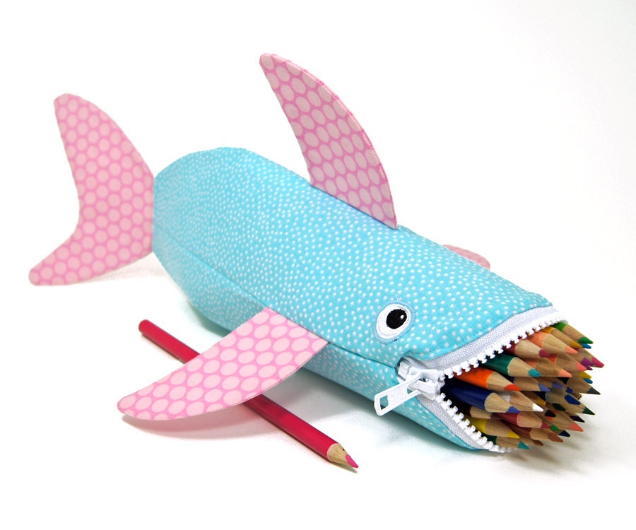 Shark Bag by MinneBites / Beach Bubbles Shark Bite - Pencil Pouch Case - Blue and Pink Fish Bag - Cute Animal Bag - Personalized Bag