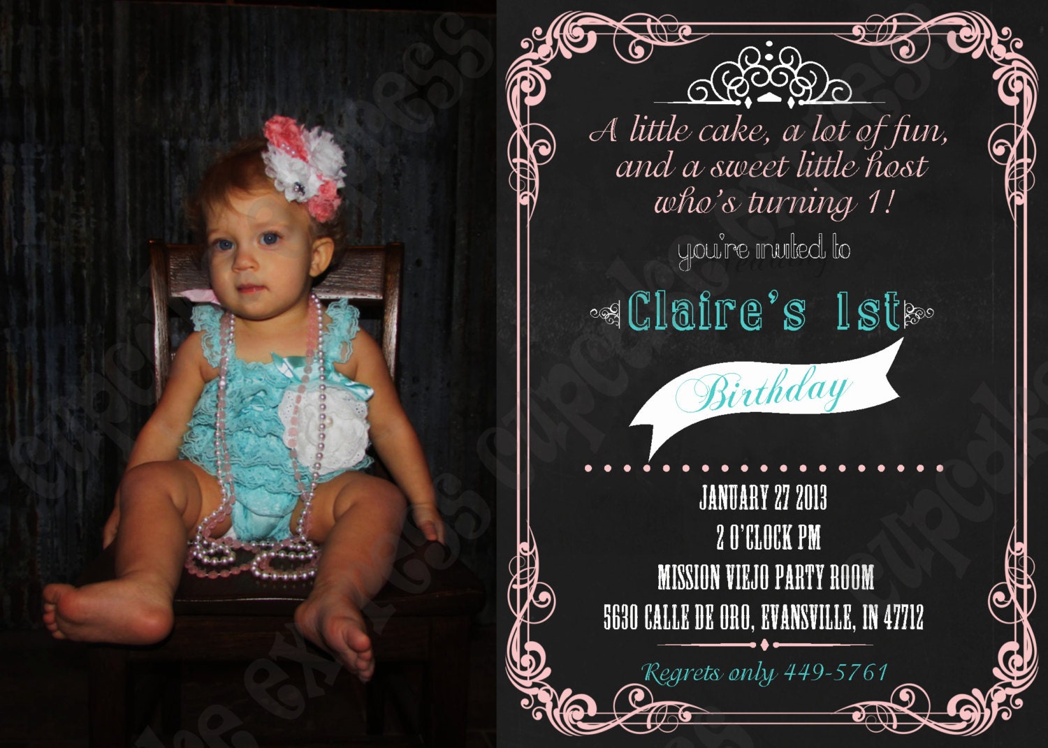 DIY BIRTHDAY PRINTABLE Photo Invitation 5x7 chalboard look first birthday Il_570xn