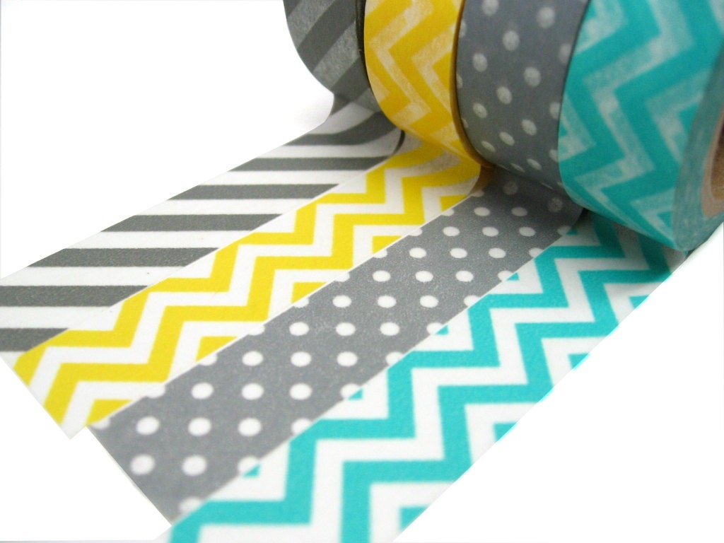 Gray Stripes, Yellow Chevron, Aqua Chevron, Gray Polka Dots Washi Tape - Choose Your Favorite Roll