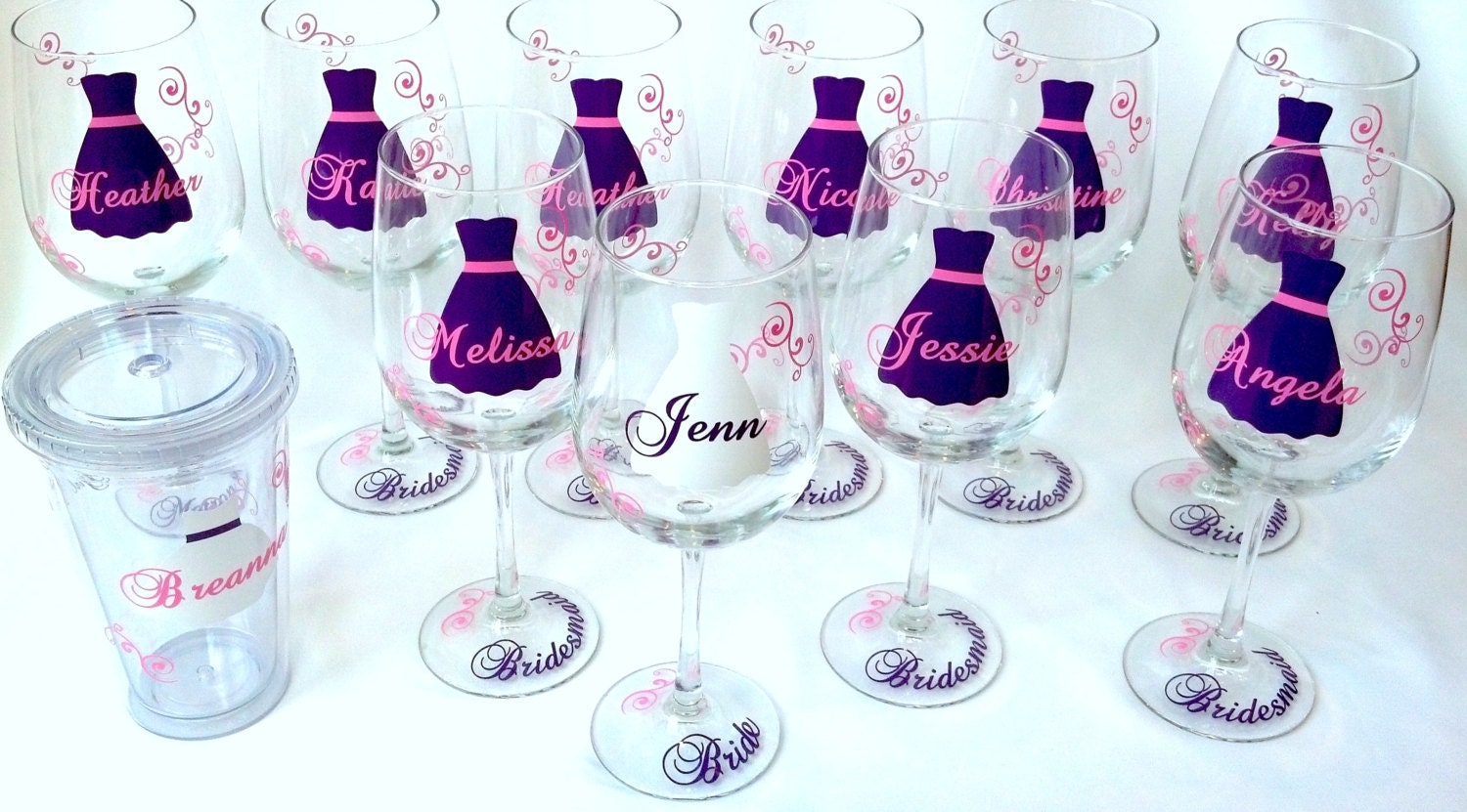 Bachelorette Bridesmaids gift wine glasses, 11 personalized  dress wine glasses with name for wedding, pink and purple