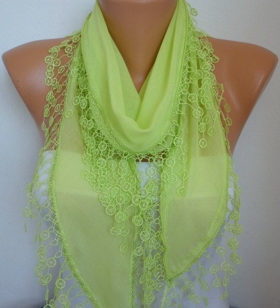 ON SALE - Neon Pistachio Cotton Scarf Women Shawl Scarf Scarf - Cowl Scarf with Lace Edge - Gift for her - fatwoman