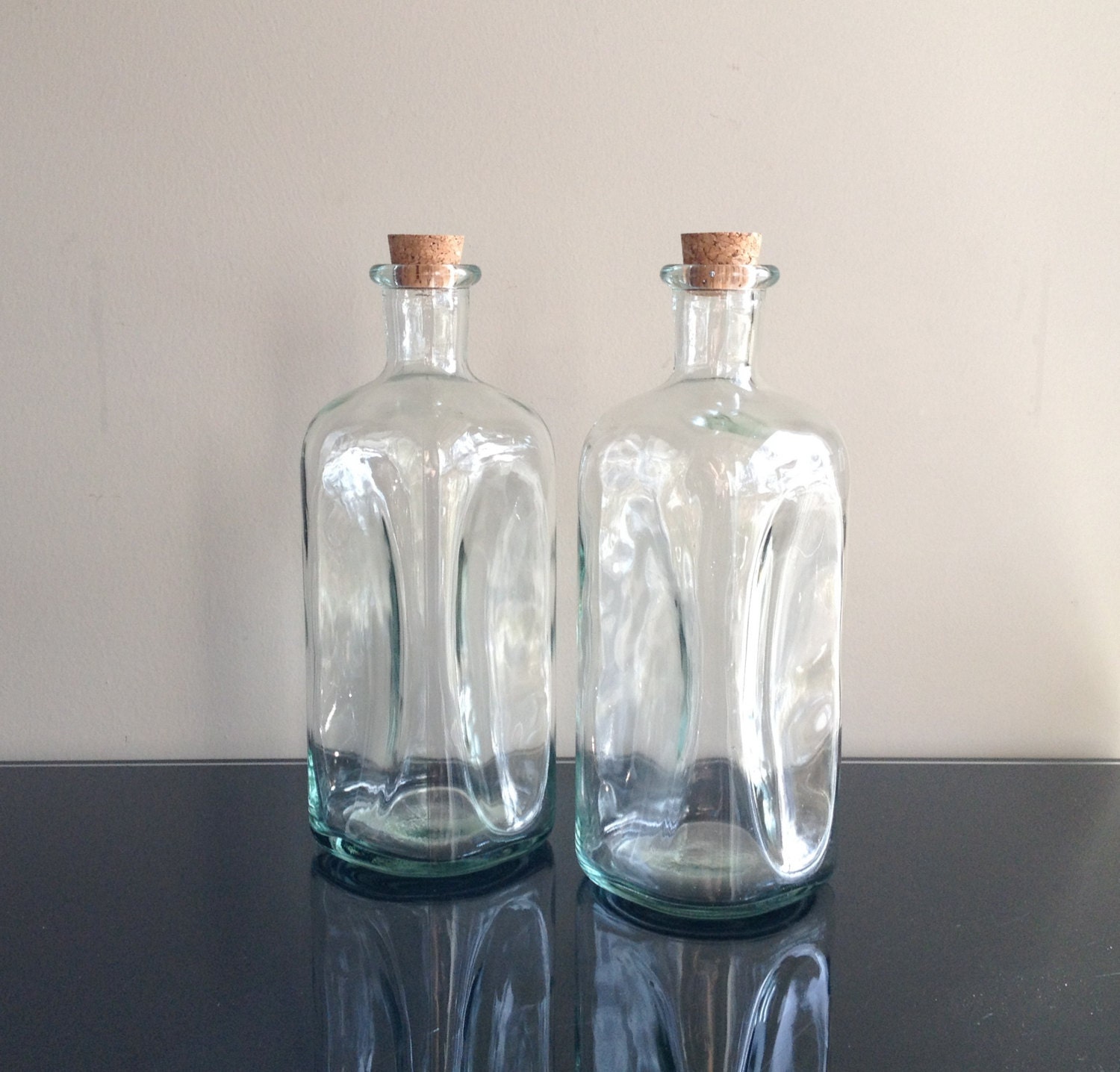 Vintage Glass Bottles with Cork Stoppers by Modernismus on Etsy