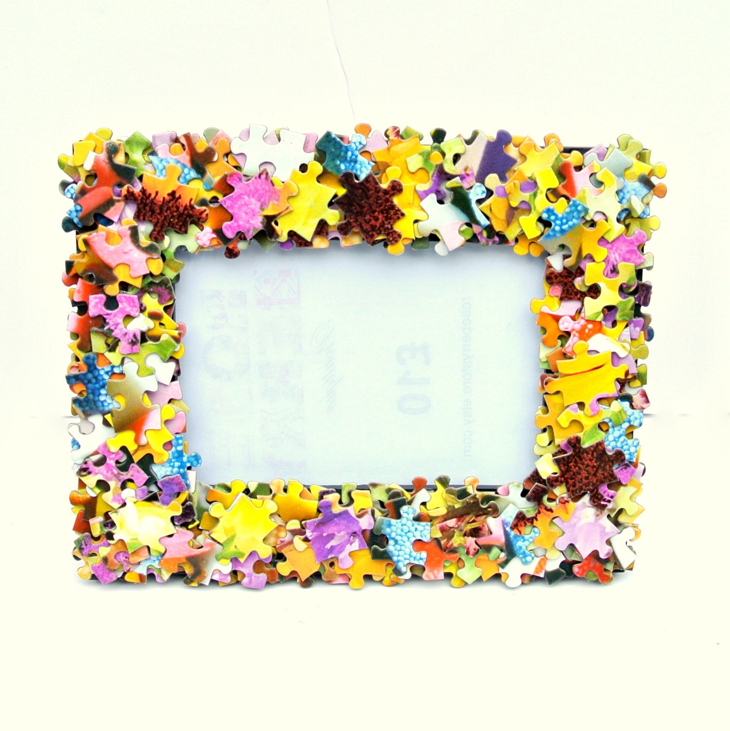 Jigsaw Puzzle Covered Free Standing or Wall Mounted Photo Frame 4x6 inch Photos Girly Game Quirky Pink Purple Yellow Floral Flowers