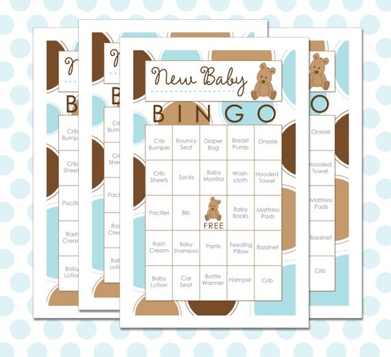 Baby Shower Bingo 60 Cards Teddy Bear by beeskneesdesignshop