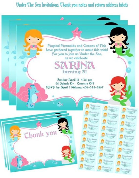 UNDER THE SEA Mermaid Invitations Printable, Thank you note Birthday Girl Party Custom Personalized- as seen in Hostess witht the mostess Il_570xn