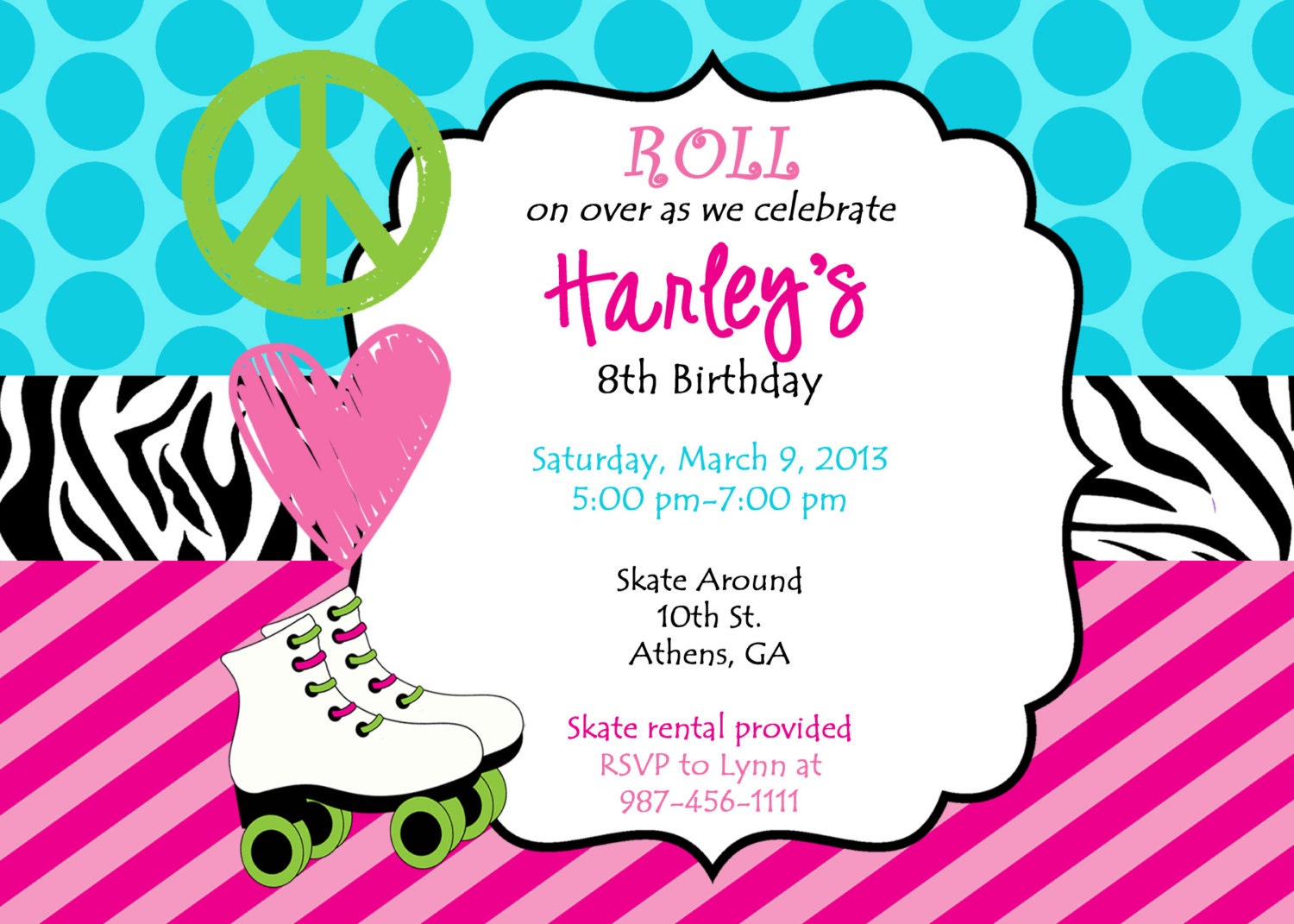 Printable Roller Skating Party Invitation. Peace, Love & Skate Printable Party Invitation. Il_570xn