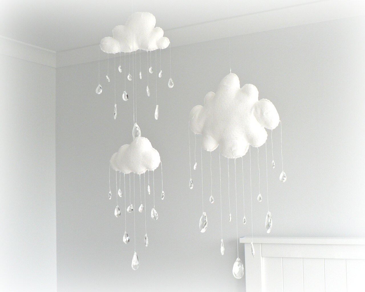 Cloud mobiles - nursery decor - White clouds - crystal raindrops - sun catcher - Sparkling prism tear drops - LullabyMobiles