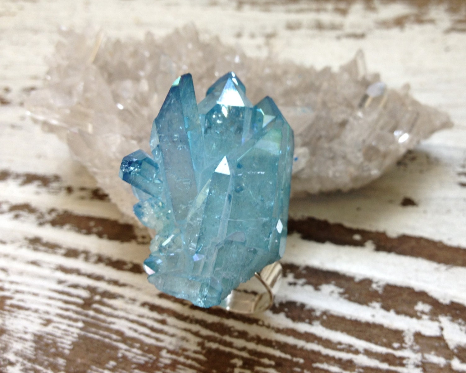 ATLANTIS / Raw Aqua Aura Druzy Quartz Crystal Gemstone Statement Ring, Adjustable, Holographic, Summer Fashion, Astral, Glam