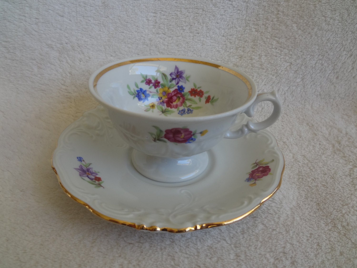 Floral vintage Pattern and and Vintage saucer teacup Meissen Walbrzych Teacup Saucer,  Flower
