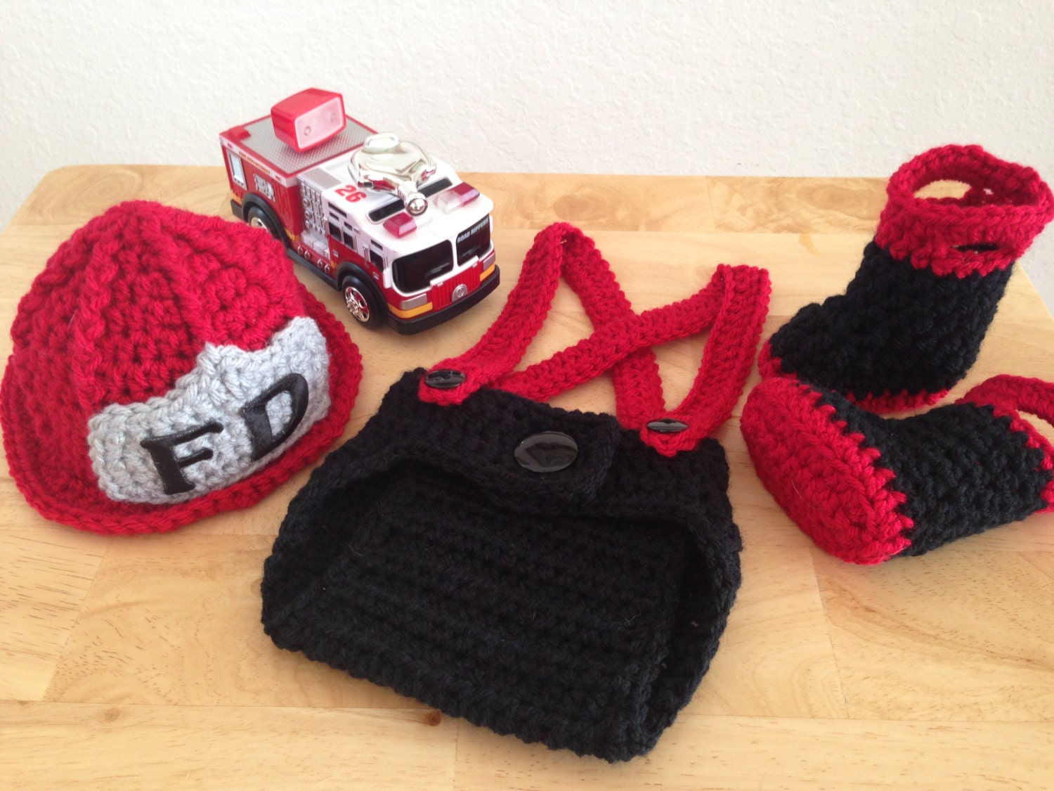 Baby Firefighter Fireman Hat Outfit 4 pc by CarynsYarnBasket