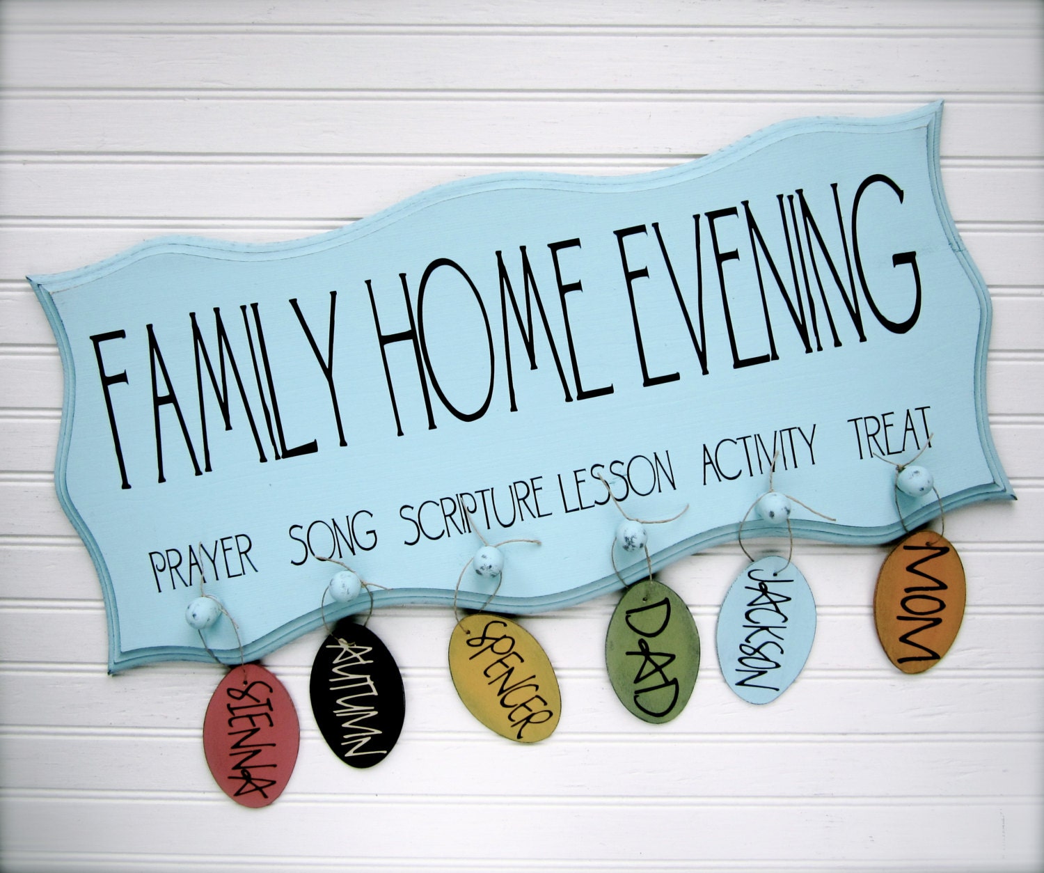 Family Home Evening Board.  FHE.  Scalloped Edge with Oval Tags.  Organize your family home evening. - doubledutydecor