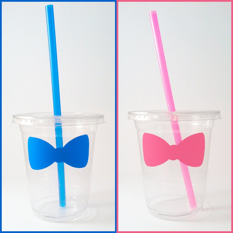 12 Gender Reveal Disposable Party Cups, Lids & Plastic Straws - Blue Bow Tie - Pink Bow - Gender Reveal Party - 12 oz or 16 oz Il_570xn