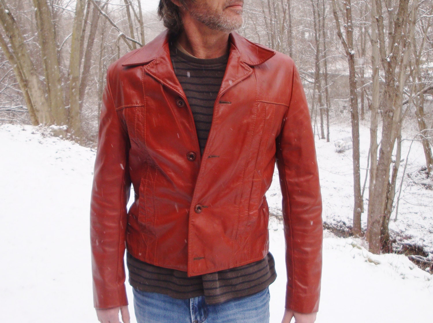 Hipster Leather Jacket. Burnt Orange Brandy Men's Short 70s Coat