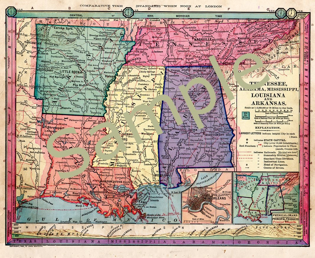 Old Map of Tennessee Mississippi Arkansas by vintagebarrel on Etsy