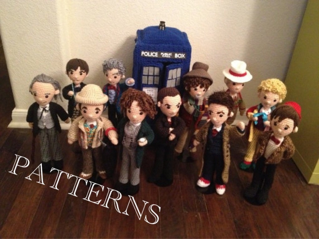 SALE! 50th Dr Who special! PATTERNS Set of 12 Doctors Who Time Travel Crochet Amigurumi Doctor plus Police Box