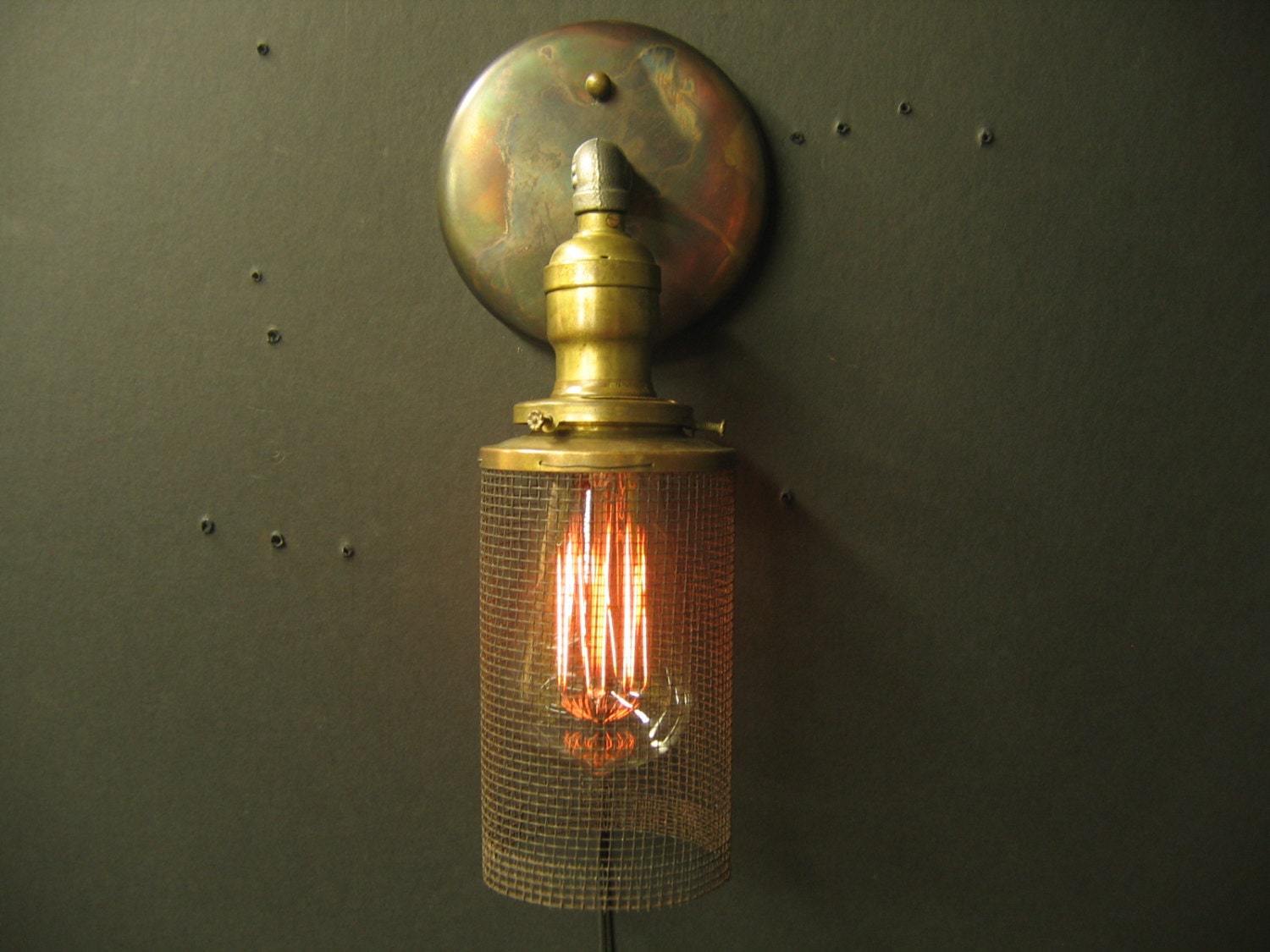 7747 Industrial Screen Shade Sconce on Iron Pipe w/ Antique Socket - steampunklighting