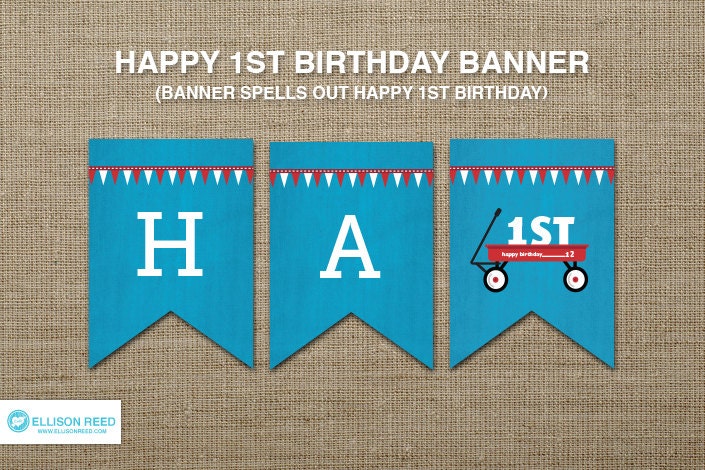 Red Wagon Printable - Happy 1ST Birthday Banner - First birthday - Printable Party - Boy birthday - Birthday Decorations - Red - Blue Il_570xn