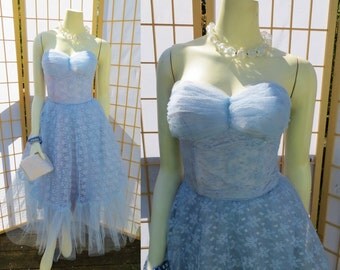 1950s baby blue prom dress/ 50s party dress/ vintage tulle dress