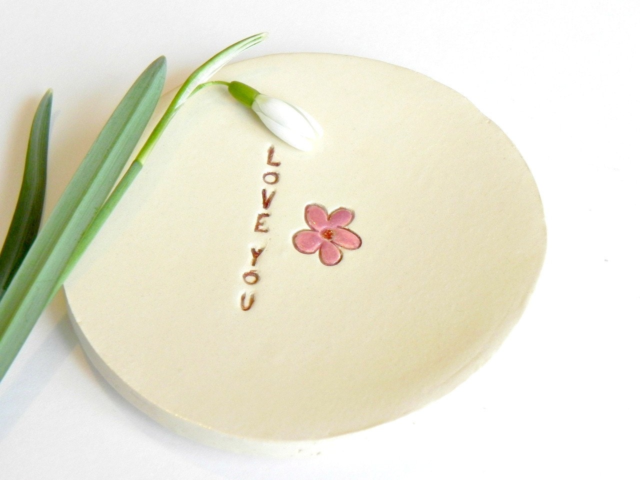Ceramic Pink Flower Plate Love Text Pottery Mother Days Dish - Ceraminic