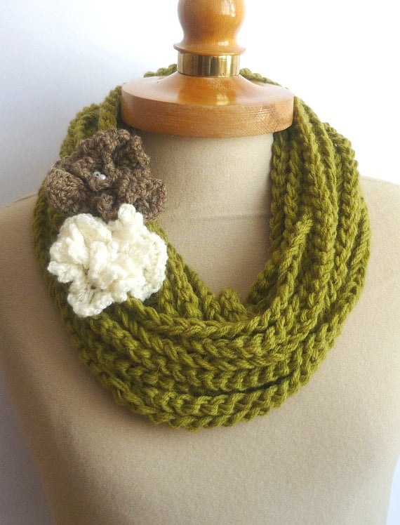 Olive Infinity Scarf, Crochet Necklace, olive color, scarflette, chain olive necklace,2  Knit Flower, gift under 20,