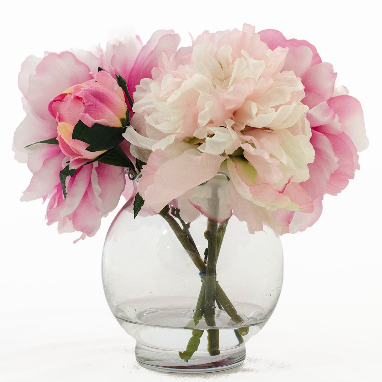 Silk Peonies Artificial Faux Arrangement with Fuchsia Light Pink Peonies and Buds in Round Glass Vase for Home Decor or Silk Centerpiece