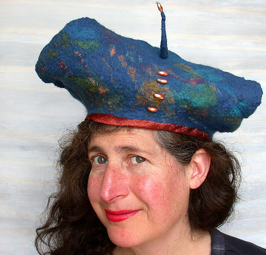 Womans Blue Beret - Nuno Felt Hat - Wearable Art
