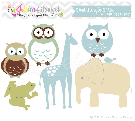 CLEARANCE, hand drawn boy owl clip art, jungle clipart, digital element, blue jungle, animal image, commercial use Il_570xn