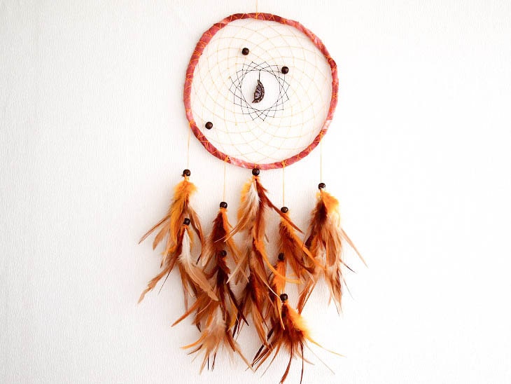 Dream Catcher - Great Many Dreams - With Wooden Moon Amulet and Natural Brown Feathers - Home Decor, Mobile