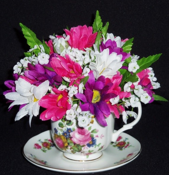 Teacup Silk Floral Arrangement Purple Bright by BeautyEverlasting