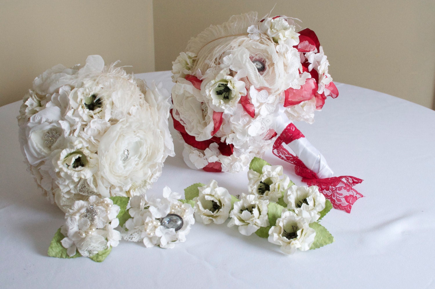 RESERVED Winter Red and white paper flower and fabric flower bouquet, wedding set.
