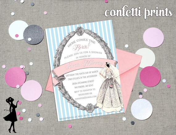Vintage Bridal Shower Invitation - HERE COMES The BRIDE Printable Il_570xn