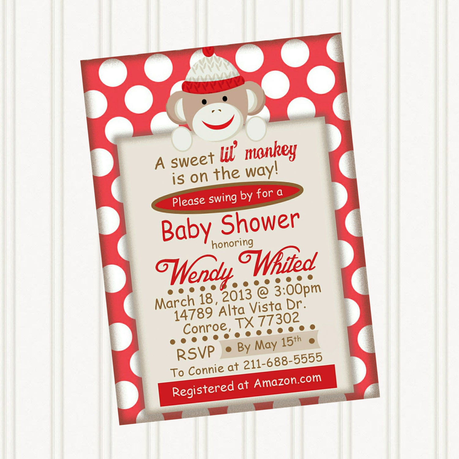 SOCK MONKEY Baby Shower Printable INVITATION Personalized- 5x7