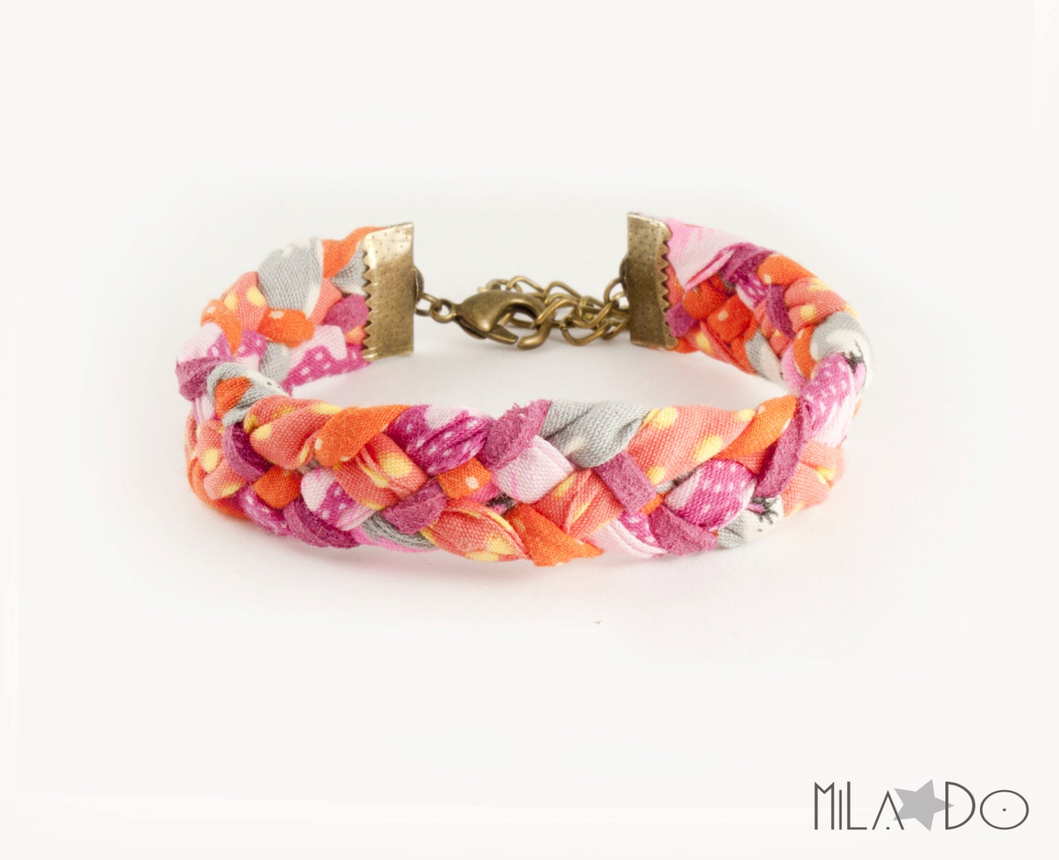 Bracelet en tissu tressé orange, gris et rose - biais liberty