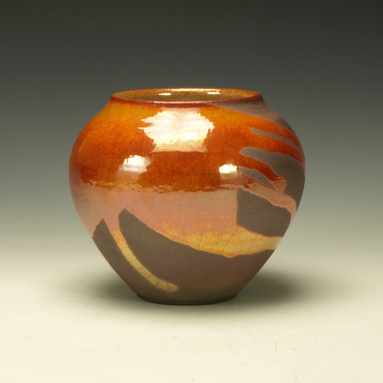 Raku Pottery with poured crackle glaze orange by TimcoArtPottery