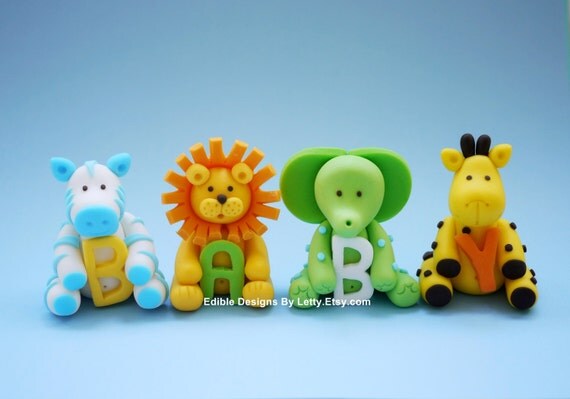 4 Edible Fondant Baby Jungle Animals Cake Topper for Baby Shower Il_570xn