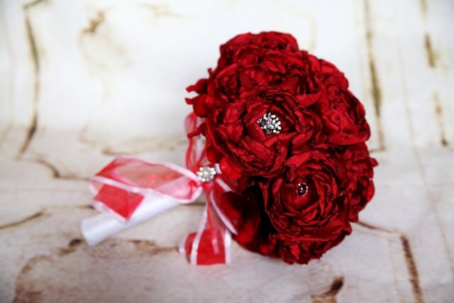 READY TO SHIP - Red Handmade Peony Bouquet with Rhinestones & Brooches 