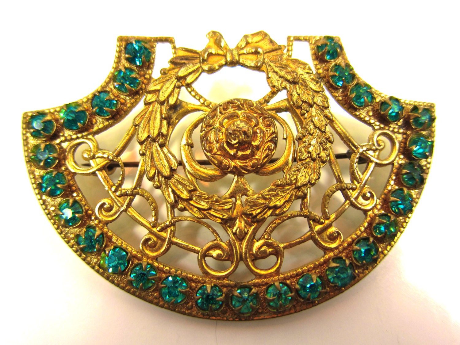Vintage Ornate Gold Tone And Teal Blue/Green Crystal Brooch/Pin-Free Gift With Purchase - SJWVintage