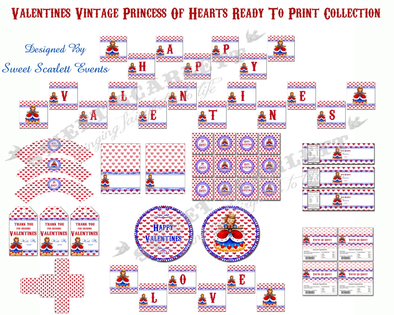 Valentines Vintage Princess of Hearts READY TO PRINT Complete Collection - Sweet Scarlett Events Il_570xn