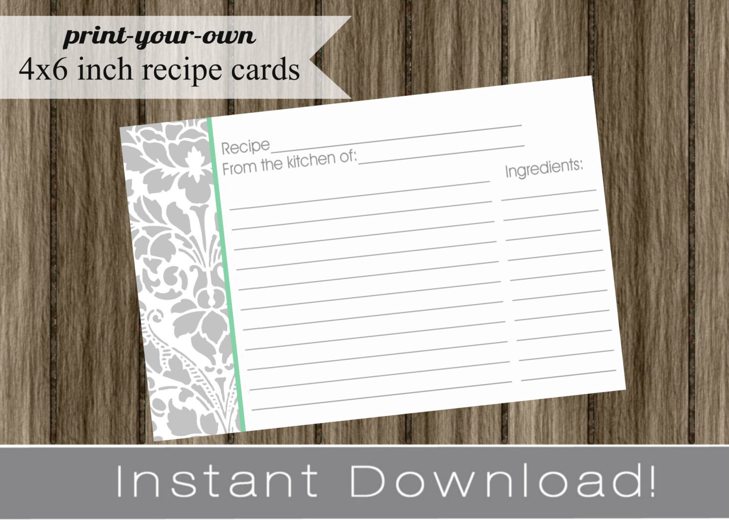 Printable Recipe Cards DIY silver gray damask with mint INSTANT DOWNLOAD pdf and jpg Print Your Own 4x6 Il_570xn