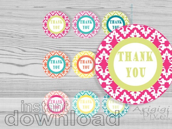 thank you damask round tag, 2 1/2 in, printable, party circles, summer colors, instant download Il_570xn