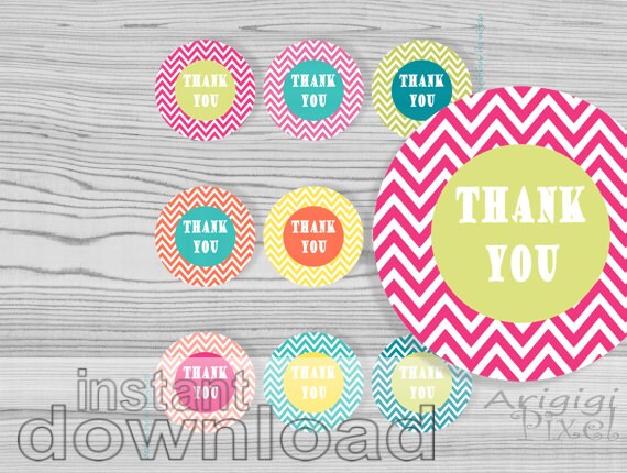 Thank you printable round tag, chevron, colorful, party circle, 2,5 in round label, instant download Il_570xn