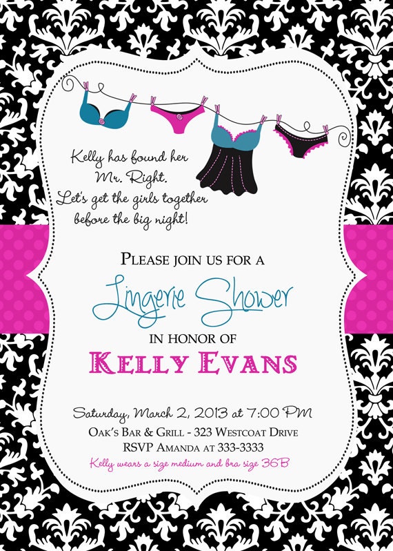 Pink Teal and Black Damask Lingerie Shower Invitation - Printable Il_570xn