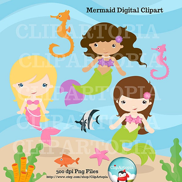 Cute Mermaid Digital clipart / Little Mermaid Digital Set for Personal and Commercial Use Il_570xn
