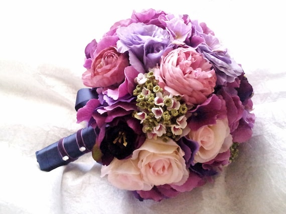 Purple and Pink Wedding Bouquet - Pink and Purple Peony Rose Hydrangea Ranunculus Lisianthus Bridal Bouquet -  Silk Peony Wedding Bouquet