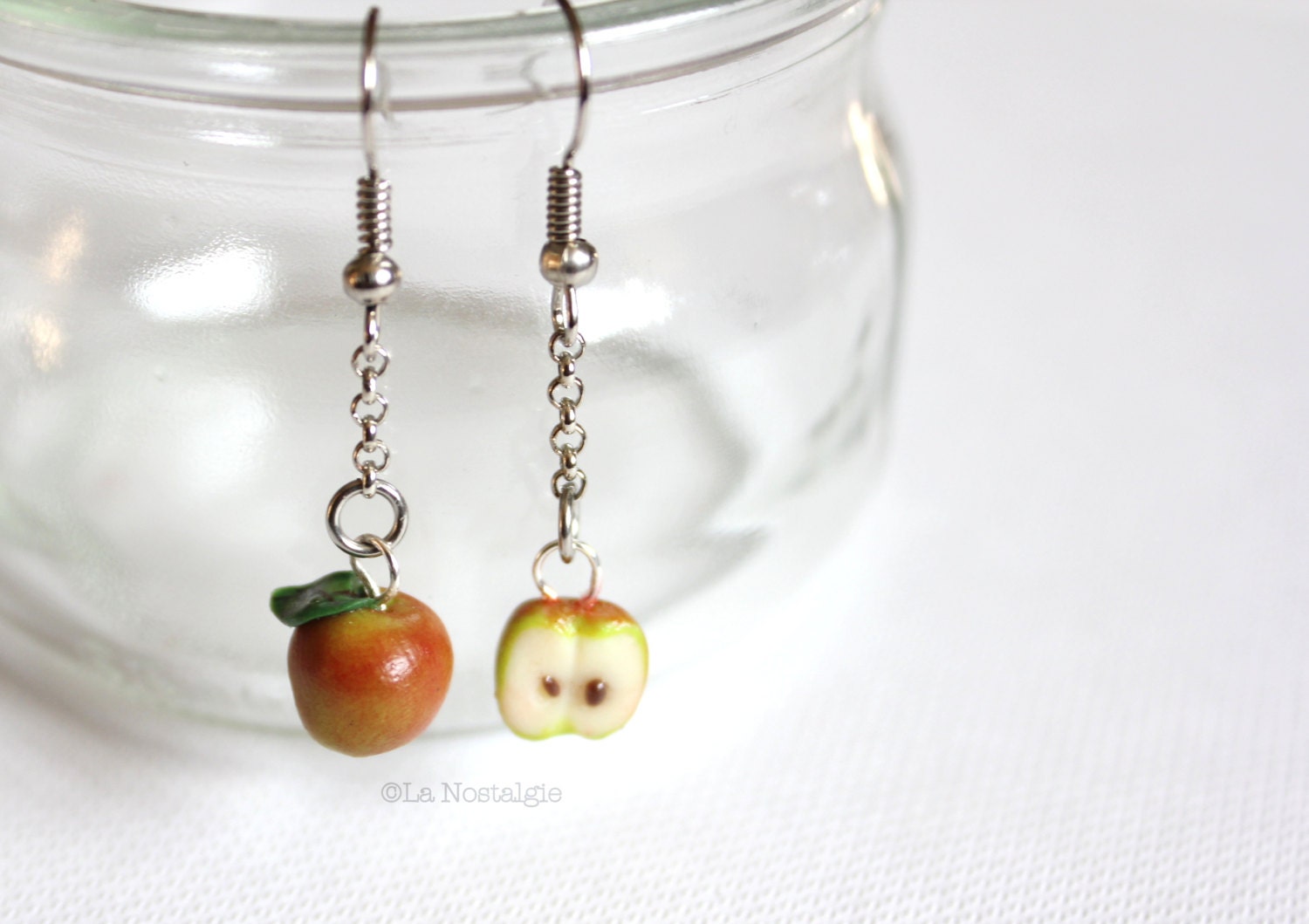 Spring Apple jewelry red apple green apple earring unique silver jewelry miniature clay fruit