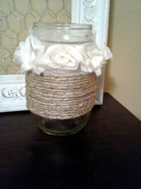 Twine wrapped Jar with Lace Flowers. Shabby Chic by ShabbyWorks