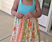 Infant/Toddler Girls'  Stripwork Halter Dress (Aqua/ Orange/ Peach) "Sweet Georgia" - PlumberryCouture