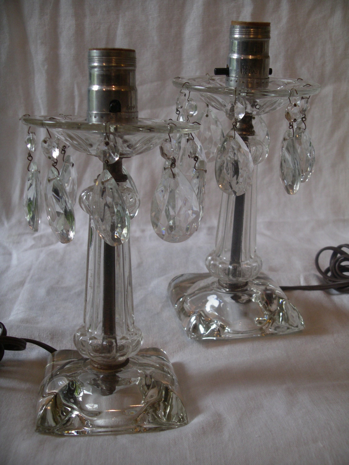 pair vintage glass lamps with hanging prisms 1930s